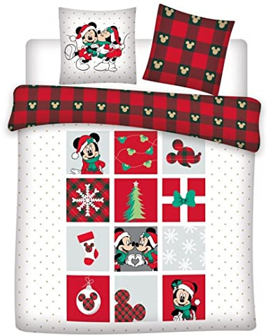 Parure de lit double réversible Disney Mickey et Minnie - Noël - Blanc et Rouge - 220 cm x 240 cm