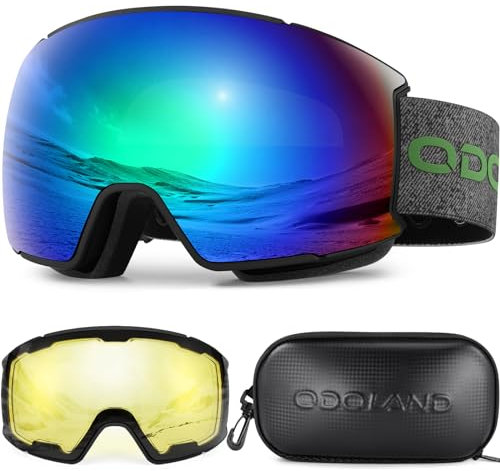 Odoland Skibrille Snowboardbrille für Damen und Herren mit 2 Magnetische Wechselglas und Hülle Anti-Fog UV-Schutz Helmkompatible für Jungen und Mädchen zum Snowboard Skifahren Grün