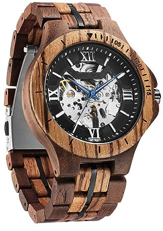 FORSINING Herren-Armbanduhr, modisches, klassisches Holz-Design, automatisches Skelett-Armbanduhr, mechanisch, leuchtend, wasserdicht, silber, schwarz, Armband