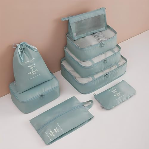 CLUES 8er-Set Packwürfel für Koffer, Reisegepäck, Verpackungs-Organizer mit Wäschesack, Kompressionsaufbewahrung, Schuhbeutel, Kleidung, Unterwäsche, Reiseutensilien für Handgepäck (Hellblau)