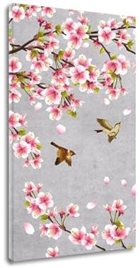 FITSEN Quadro su tela Poster con fiori di pesco di uccelli Quadri in stile cinese Dipinti tradizionali cinesi per camera da letto decorazioni domestiche 30x60 cm Con cornice