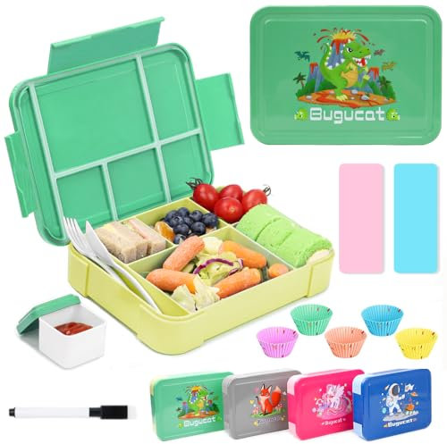 Bugucat Bento Lunch Box 1330ML 12 PCS,Kids Lunch Box Bento Boxes with 6 Compartments Cutlery,Leak Proof Lunchbox Snack Boxes for Kids Adult,Kids Lunch Box with Compartments for School Green