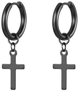 Whoiy Creolen Schwarz Ohrringe, Edelstahl Hängend Creolen mit Kreuz Anhänger für Männer Schmuck Ohrringe Kleines Geschenk