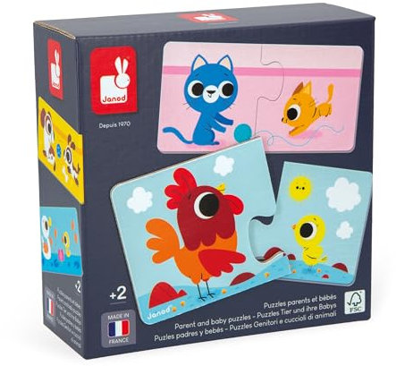 Janod - Eltern- und Babytierpuzzle - 12 Puzzles mit 2 Teilen aus Karton - Bildungsspiel - Feinmotorik und Konzentration - FSC-zertifiziertes Produkt und pflanzliche Tinten Ab 2 Jahren - J02637