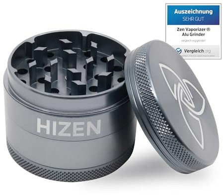 HIZEN Alu Grinder Ø 49mm, 4-teilige Kräutermühle, Crusher Set für getrocknete Kräuter, Pollen, Blüten, Gewürze mit Pollenfach und Schaber (Gunmetal)