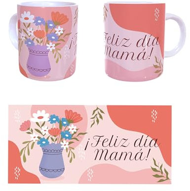 DETÚATÚ.SHOP Taza de Cerámica Feliz Día Mamá en Tonos Rosados con Diseño Floral - Regalo para Mamá en su Día Especial