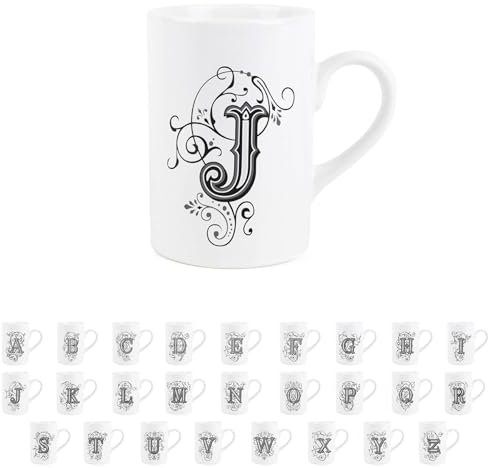 Gothic Letter J Mug - Black & White Swirly Personalised Initial/Alphabet Gift - Tea Coffee Hot Drinks Ceramic Mug Present