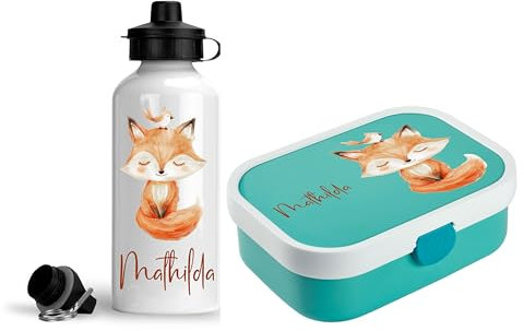 wolga-kreativ personalisierte Mepal Campus Kinder Brotdose und Trinkflasche für Mädchen Jungen Fuchs Lunchbox Pausenset Fächer Unterteilung Schule und Kindergarten