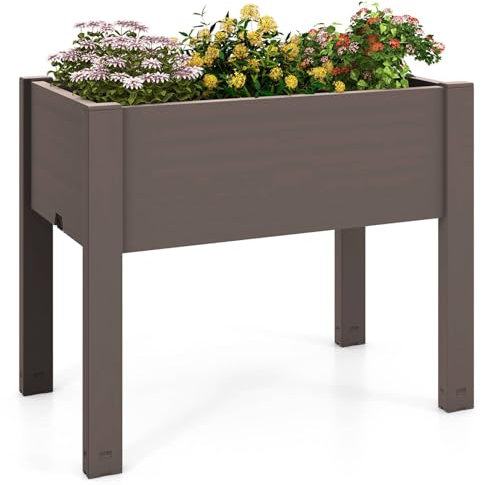 COSTWAY Raised Garden Bed, 53L Self-Watering Planter Box with Water Level Monitor, Water Drainage Hole & Detachable Crossbar, Fruit Vegetable Flower Pot Container for Patio Balcony Yard (Coffee)