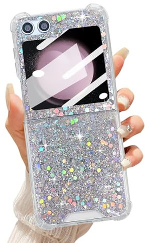UEEBAI Hülle für Samsung Z Flip 7 FE/Z Flip 6/Z Flip 5 5G, Ultra Dünne Bling Glitter Handyhülle Nie-Vergilbung Silikon Schutzhülle Slim Fit Weiche TPU Bumper Cover Case für Frauen Mädchen - Silber