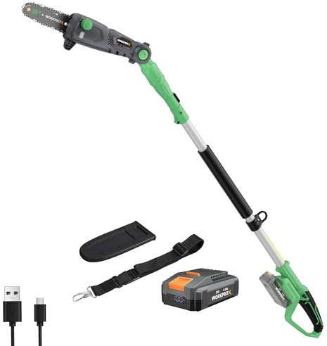 WORKPROX Potatore Telescopico su Asta 20V per la Potatura di Rami Alti, Motosega a Batteria 4,0Ah, Estensione fino a 4,5 m, Lama da 20 cm, Angolazione Regolabile, Lubrificazione Automatica