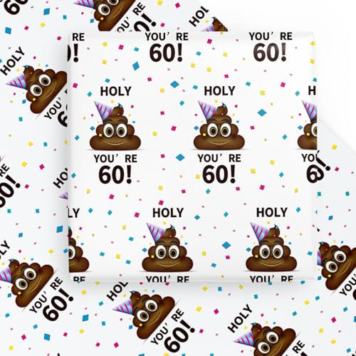 WRAPAHOLIC Lustiges Geschenkpapier zum 60. Geburtstag, 6 Bögen, Motiv: Holy Shit You're 60, flach gefaltet, für Geburtstag, Party, Streich, 50 x 70 cm pro Bogen