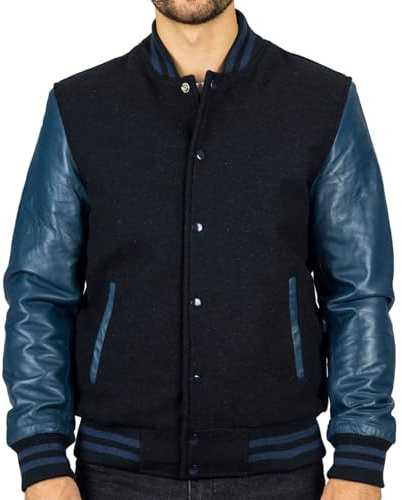 TruClothing Men's Black Navy Varsity Bomber Jacket Wool Body Real Leather Sleeves College Baseball Coat