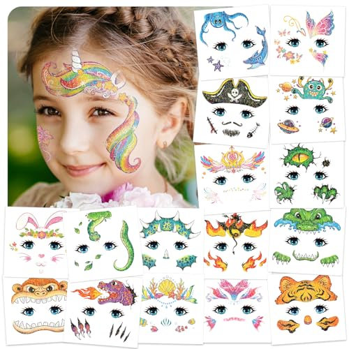 Acevegue 24 Bögen Gesichtstattoo Karneval für Kinder, Glitzer Fasching Schminke Tattoo Kinder, Schmetterling Einhorn Kindertattoos Gesicht Sticker Geschenke für Kindergeburtstag Geburtstagsdeko