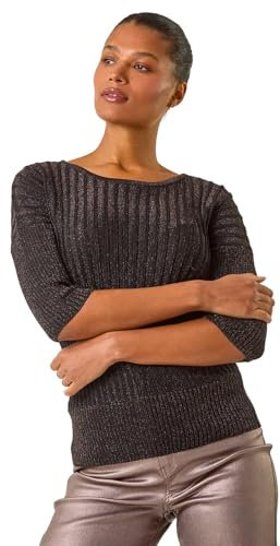 Roman Shimmer Ribbed Batwing Knit Jumper for Women UK - Ladies Autumn Everyday Winter Holiday Slash Neckline Comfy 3/4 Sleeve Soft Metallic Fabric Top Office Desk Sweaters - Bronze - Size 14