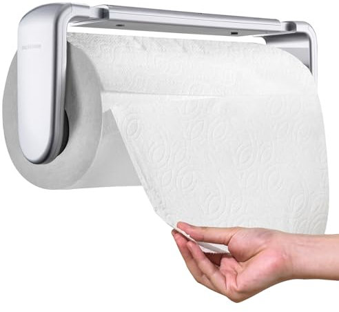 simpletome Paper Towel Holder Under Cabinet or Wall Mount ONE HAND Operation Tension Arm Kitchen Roll Holder (Silvery, for 18-23cm/7-9inches roll)