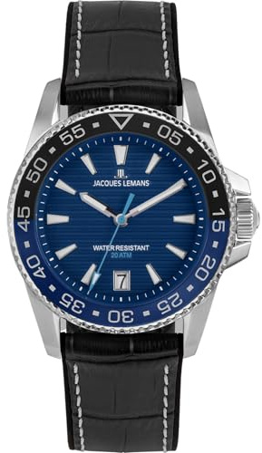 JACQUES LEMANS 1-2205B Herrenuhr Liverpool Diver Silikonband mit Leder Oberfläche 41 MM Datum 20 ATM