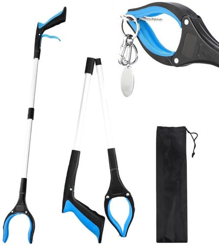 Extra Langer Greifarm,Greifhilfe für Menschen,Aluminium Müllzange,Langer Aluminium Greifzange mit Magnet-Greifarm 360° Drehbarer Kopf für Müll/Wurf Pflücker Hand Greifer,Faltbarer,Blau