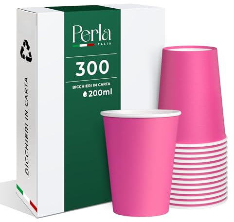 Perla - 300 Bicchieri in Carta da 200ml Ecologici Biodegradabili Monouso - Adatto per Bevande Fredde e Calde - Prodotto e confezionato in Italia - Made in Italy (Fucsia)