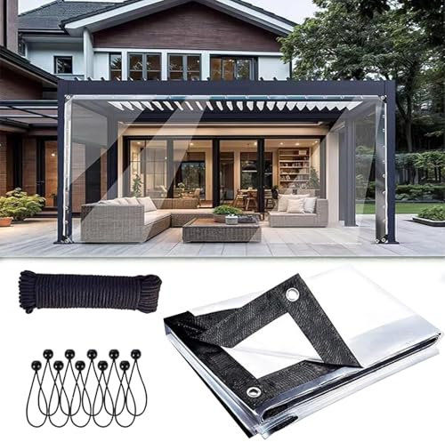 Bâche transparente imperméable robuste de 2,1 x 3,4 m avec œillets – Bâche en plastique vinyle pour une utilisation en extérieur, idéale pour terrasse, jardin, serre, poulailler et plus encore