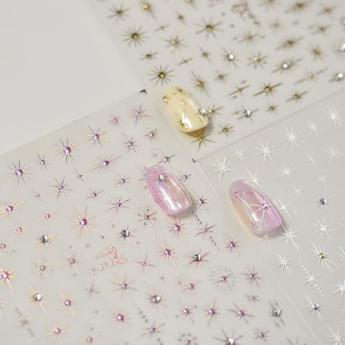 Shimmerz 3 Sheets 5D Relief Star Nail Stickers Pink Gold White Glitter Shiny Design for DIY Manicure Decoration Nail Art Accessories for Women