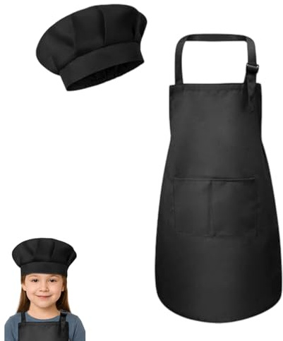 Kinder Schürze und Kochmütze Set,Verstellbare Kinder Kochschürze Kinderschürze für Jungen Mädchen 4-12Jahre,Schürze Kinders Schule,Malschürze,Bastelschürzen mit Taschen zum Kochen Backen Malen,Schwarz