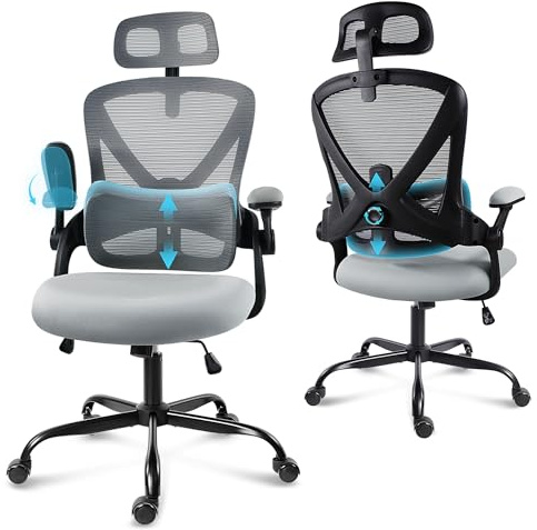 GGCIR Chaise Bureau, Chaise Ergonomique avec Accoudoirs Flip-Up Rembourrés et Soutien Lombaire/Tête Réglable, Fauteuil de Bureau pour Home Office, Lecture et Gaming (Grise)