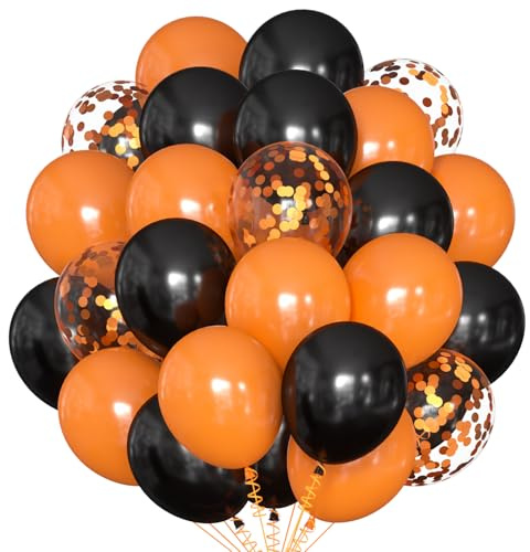 Luftballons Halloween, 60 Stück Ballons Halloween mit Gruselmotiven- - 30 Orange, 20 Schwarz, 10*Orange Konfetti, Deko Latexballons für Party Zubehör