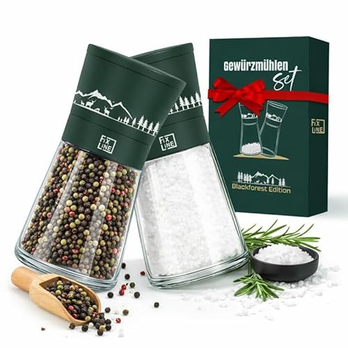 FIXLINE® Gewürzmühlen SET BLACK FOREST EDITION - hochwertiges Keramikmahlwerk - für Salz & Pfeffer - Größe 14cm- Edelstahl/Glas - Pfeffer und Salz Mühle (unbefüllt) - Geschenkset für deine Liebsten