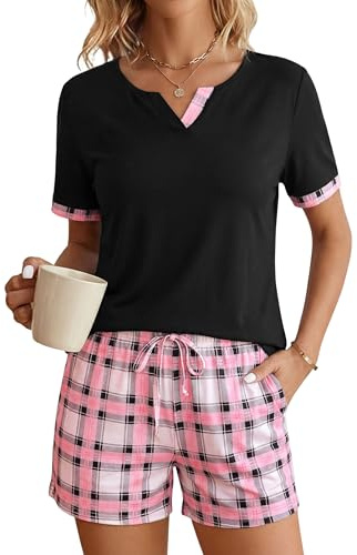 Leversic Pyjama Court Femme Été Coton, Manches Courtes et Short Carreaux
