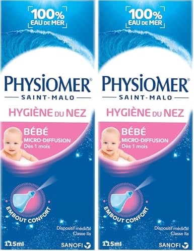 Physiomer Micro-diffusion – Spray nasal 100% Eau de mer - Dispositif médical - Hygiène du nez - Rhume et Rhinite - à partir de 1 mois - Sans gaz propulseur et stérile – Format spray 115 mL (Lot de 2)