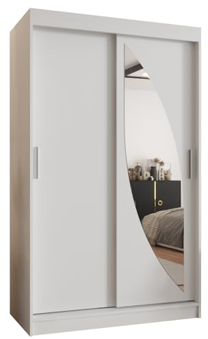 Kryspol - Kleiderschrank mit Spiegel - Schwebetürenschrank - Kleiderschrank 120 cm Breit x 200cm(H) x 62cm(T), 2 Türen, Laminierte Möbelplatte, Schiebetürenschrank Milo 120, Farbe Weiß