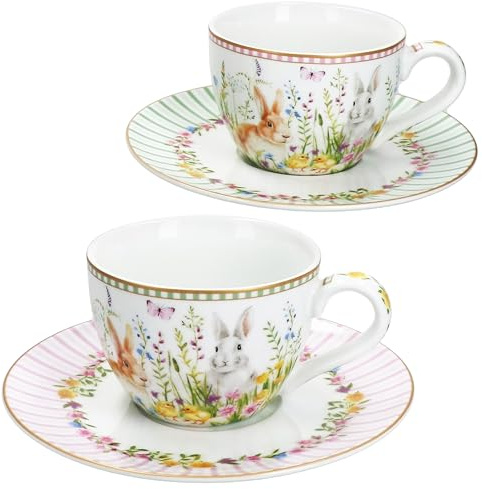MamboCat Happy Easter Tassen mit Untertassen für 2 Personen I 2X Teetassen & 2X Untertassen aus Porzellan I farbenfrohes Geschirr für Frühstück & Kaffee an Ostern