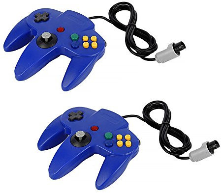 Long Handle Game Controller Classic Nintendo 64 Controller Wired Replacement Gamepad Remote Pad Joystick Fit for Original N64 Game Consoles (Blue)-2PCS