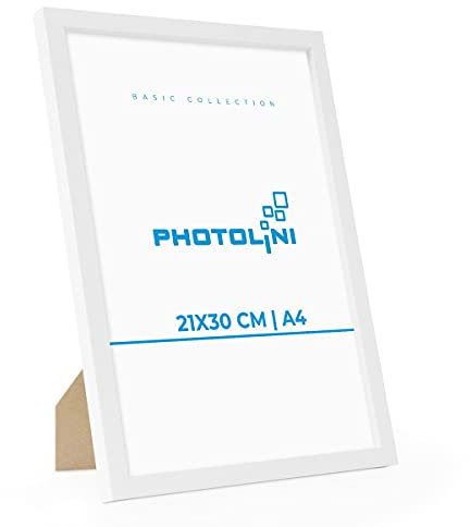 PHOTOLINI Bilderrahmen A4 Weiss Holz MDF, DIN A4 Bilderrahmen 21x30 weiß, Rahmen 21x30 mit Acrylglas, picture frame zum Aufhängen & Aufstellen, Rahmen 30x21 für Fotos & Poster
