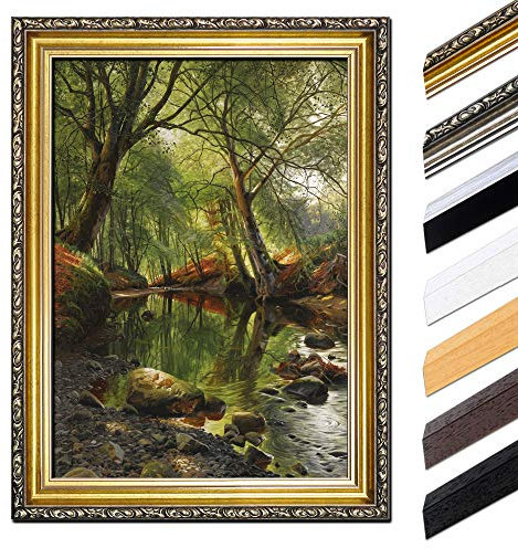 Bild mit Rahmen - Peder Mork Mönsted Ein Waldbach 60x80 cm - Gerahmtes Leinwandbild Alte Meister - Antiker Rahmen Gold Barock, Klassisch