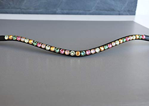 GlücksHucke Bunter Pferde Stirnriemen 'Paradies' in Rosa, Grün & Gold, geschwungen, schmal (WB, Lederfarbe Schwarz)