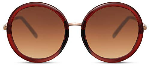 Cheapass Sonnenbrille groß rund Mode Schattierungen rot transparent Rahmen mit braunen Verlaufsgläsern und goldenen Metallbügeln UV400-geschützt Damen