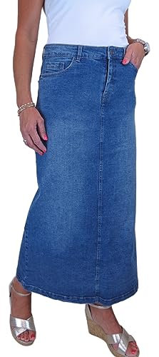 icecoolfashion Women's Very Stretchy Denim Maxi Skirt Ladies Casual Straight Long Jeans Skirt Mid Blue Faded 10-22 (14)
