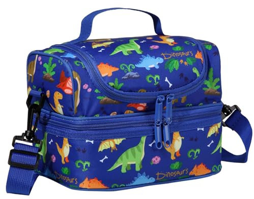 Chase Chic Lunchtasche Kinder, Isoliert Jungen Lunchboxen Kühltasche mit Zwei Fächern und Abnehmbarer Verstellbarer Kinder Lunchpaket Kindergarten Tasche Blauer Dinosaurier