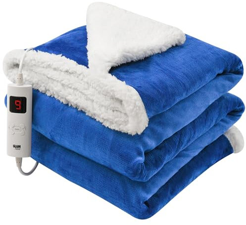 GlamHaus Heated Throw Electric Fleece Over Blanket Sofa Bed Large 160 X 130cm - 6 Heat and 3 Timer Auto Shut Off - Soft Reversible Design - Digital Control - Machine Washable (Dark Blue)
