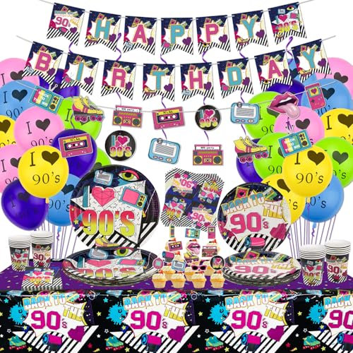 Fournitures de fête des années 90 - Comprend des tourbillons Suspendus, des Assiettes, des Tasses, des Serviettes, Une Nappe, Une bannière, des Ballons - pour 20 Personnes (B)