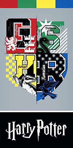 Harry Potter Badetuch Shield 70 cm x 140 cm Velours-Qualität Strandlaken Strandtuch Handtuch Badelaken Saunatuch Hogwarts Gryffindor Hufflepuff Ravenclaw Slytherin Ron Hermine 9 3/4 Zauberstab 026