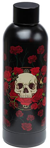 Puckator Botella de agua de acero inoxidable, fría durante 24 horas y caliente durante 12 horas, botella de agua de metal con diseño de calavera y rosas, termo moderno de doble pared, sin BPA, 500 ml