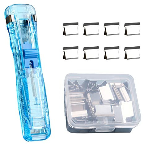 BakerMiche Kreativer Hefter, Mini Push Stapler mit 58 Stück Wiederverwendbare Heftklammern Muschel Clip Spender Tragbarer Fast Clam Clip Spender Hefter Geeignet für Küchen Büros Schulen Blau
