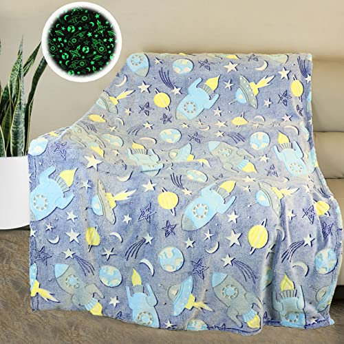 Kuscheldecke Kinder,Rakete Luftschiffe Weiche Warm Kuscheldecke Leuchtend im Dunkeln 150x200 cm,Flauschig weiche Fluoreszierende Wohndecke für Mädchen und Jungen(Color1, 150x200cm)