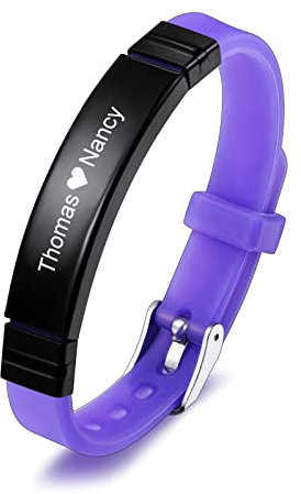 INBLUE Bracciale con Targhetta Personalizzata Nome/Citazione Targhetta in Acciaio Inossidabile Bracciale Regolabile in Silicone per Uomo Donna (Cinturino Viola e Etichetta Nera)
