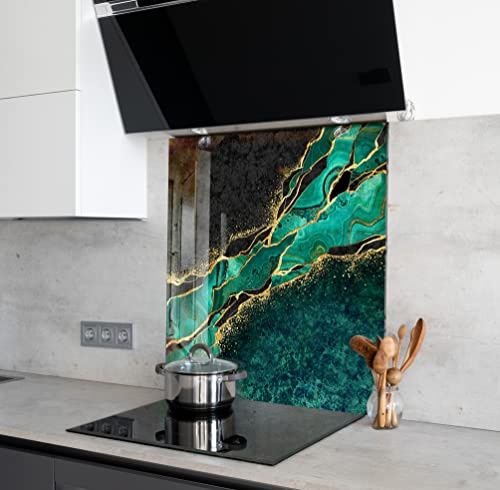 Myphotostation Black Marble Green Tempered Glass Backsplash 50Wx33.5H'' Dark Color Splashback for Kitchen Decor Bathroom Wall Protector Stove Backsplash Panel Tile Glass Cooker Splashback