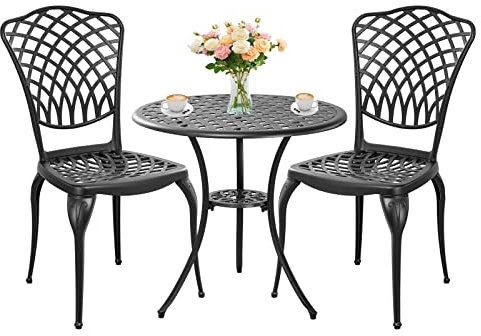 Withniture Ensemble de bistrot 3 pièces en fonte d'aluminium noir pour extérieur, petite table de patio et chaises avec trou pour parasol, ensemble de bistrot d'extérieur pour porche, jardin, cour