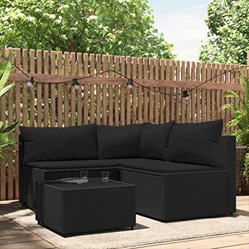 Hommdiy Gartenmöbel Set Balkonmöbel 4-TLG. Garten-Lounge-Set mit Kissen Poly Rattan Schwarz Eckteil + 2X Mittelteil + Tisch
